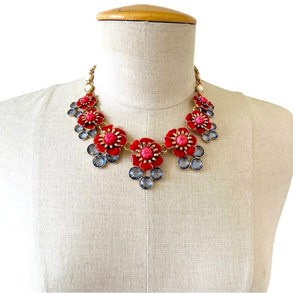 TALBOTS | Bold Red & Blue Flower Blossoms & Crystal Statement Necklace | NWOT - Picture 4 of 9